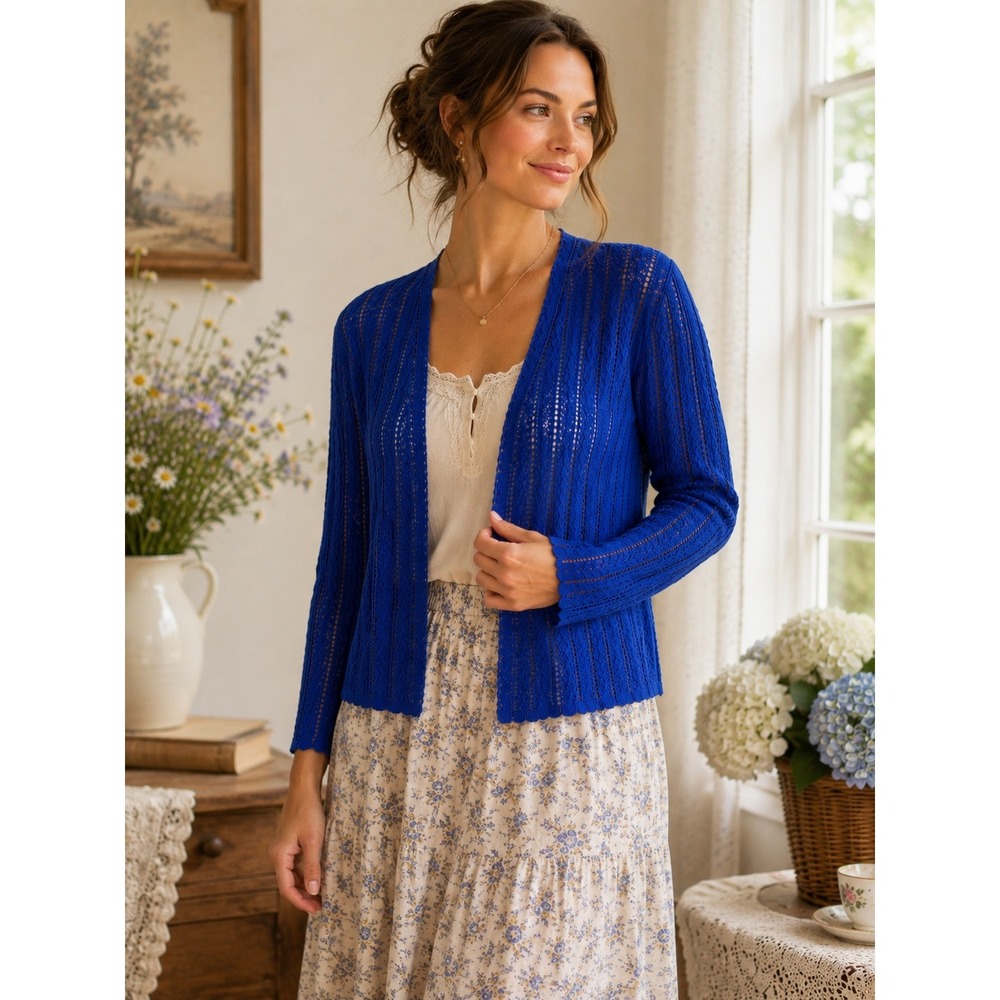 Coastal Grandmother Pointelle Knit Open Front Cardigan Blue Lightweight L